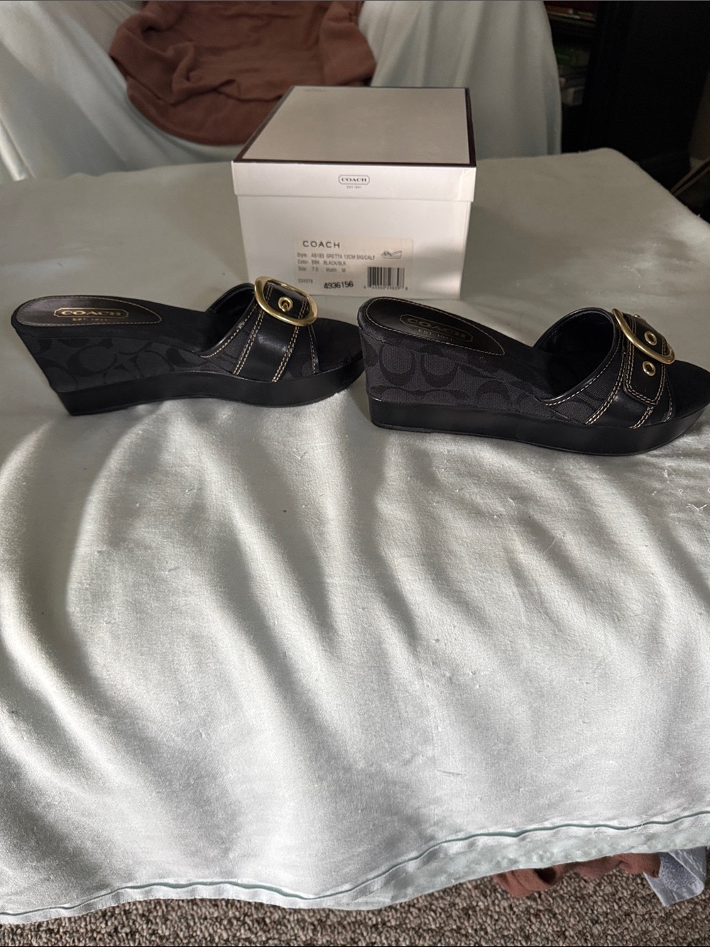 COACH Black Wedge Slide Sandals with Gold Buckle Accent - Picture 4 of 6